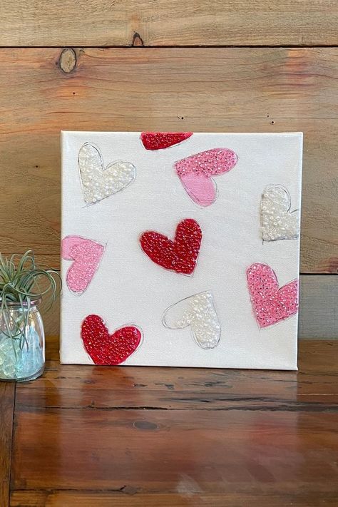 Valentine's Day Art Tutorial Cloud Painting Acrylic, Draw A Heart, Mixed Media Art Projects, Block Painting, Diy Valentine's Day, Heart Canvas, Valentine's Day Decor, Easy Canvas Art, Heart Painting