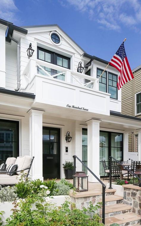 Tour an absolutely stunning beach style home on Balboa Island, California White Exterior Paint Colors, California Cottage, White Exterior Paint, Balboa Island, White Subway Tile Backsplash, Stone Stairs, Exterior Paint Color, Simply White, Coastal Farmhouse