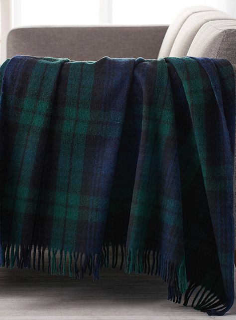 Traditional Scottish plaid in a dark navy blue and forest green palette is a seamless addition to this season's rustic chalet decor. 100% wool fabric Fringed edging 60" x 70" Forest Green Palette, Forest Green Bedrooms, Chalet Decor, Rustic Chalet, Scottish Homes, Blue Christmas Decor, Neutral Christmas, Tartan Blanket, Tartan Christmas