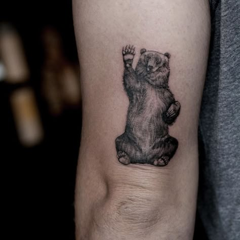 Bear Inspired Tattoo, Bear Standing Tattoo, Bear Nature Tattoo, Bear Tattoos For Men Forearm, Grizzly Bear Tattoos Women, Wild Life Tattoos, Brown Bear Tattoo, Bear Leg Tattoo, Nature Animal Tattoo