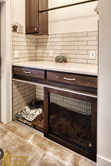 Built In Dog Crate In Laundry Room, Built In Pet Crate, Under Cabinet Dog Bed, Laundry Room With Dog Kennel Spaces, Laundry Mud Room Dog Kennel, Built In Dog Crate Mudroom, Dog Kennels In Laundry Room, Built In Pet Kennel, Dog Station Kitchen