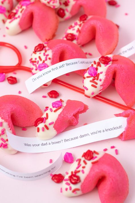 Valentine's Day Pick-Up Line Cookies (Fortune Cookies) | Club Crafted Easy Fortune Cookies, Chocolate With Sprinkles, Pick Up Line, White Chocolate Candy, Pick Up Lines Cheesy, Dipped In Chocolate, Food C, Pink Food Coloring, Fortune Cookies