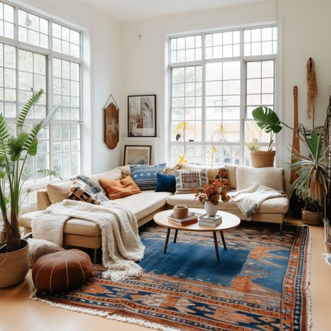 vintage rugs layered on top of one another Modern Bogo Living Room Idea On A Budget Image Living Room Inspo Bohemian, Blue Boho Living Room, Navy Rug Living Room, Native American Living Room, Eclectic Modern Living Room, Blue Couch Living, Blue Couch Living Room, Modern Bohemian Living Room, Living Room Ideas On A Budget