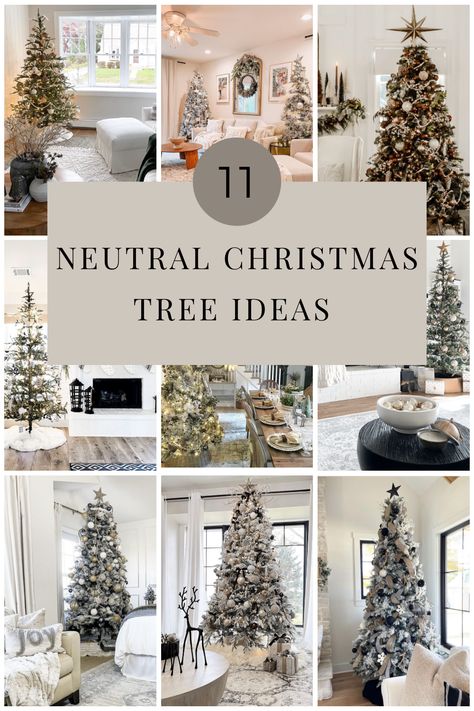 Modern Neutral Christmas Tree Decor, Flocked Christmas Tree Neutral Decor, White And Natural Christmas Tree, Bronze And Neutral Christmas Tree, Modern Christmas Trees Ideas, Natural Flocked Christmas Tree, Tree White Ornaments, Frosted Tip Christmas Tree Ideas, Neutral Tone Christmas Tree