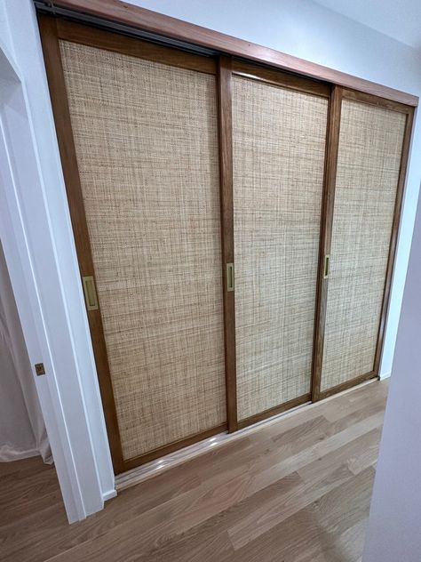 Wallpaper Door Ideas, Cane Closet Doors, Cane Doors, Wood Closet Doors, Cane Door, Sliding Door Wardrobe Designs, Laundry Doors, Closet Door Makeover, Sliding Door Wardrobe