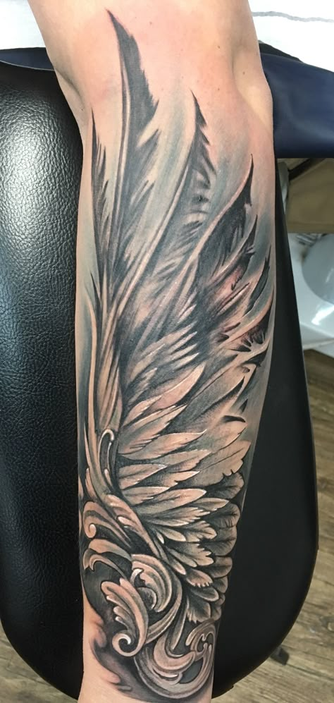 My new one Wing Cover Up Tattoos For Women, Japanese Wings Tattoo, Wing Leg Tattoo Men, Angel Wings Leg Tattoo, Angel Wing Leg Tattoo, Best Men Tattoos Ideas, 3d Wings Tattoo, Forearm Wing Tattoo Women, Wing And Flower Tattoo