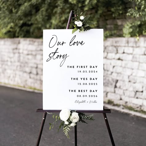 Celebrate your love story with a personalized wedding sign!  This modern black and white template allows you to easily add the dates of your first meeting, engagement, and wedding.  Share your unique journey and cherish these special moments as you embark on your new chapter together.  All text is editable, letting you personalize the sign further to reflect your style.  This versatile piece makes a beautiful wedding venue sign or a thoughtful gift for any couple. Welcome and warm greetings from CheerfulPaperie! We are glad to contribute to the preparation of your celebration! ❤ HOW IT WORKS 👉 After buying the template on Etsy, you will be able to access the download link 👉 Download the PDF and use the URLs given to access your CANVA templates 👉 Create a FREE ACCOUNT with a username and Love Story Poster, Met Wedding, Our Love Story Sign, Wedding Sign Diy, Couple Story, Template Love, Our Love Story, Wedding Signs Diy, How We Met