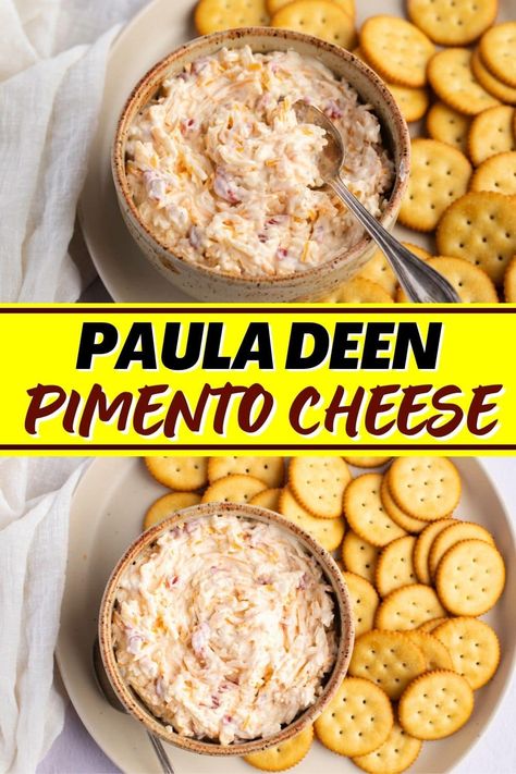 Paula Deen pimento cheese is a quick and easy dip that's perfect for impromptu parties and get-togethers! With just 7 ingredients, this dip is easy to whip up and will disappear in a flash! Bobby Dean Pimento Cheese Recipe, Homemade Pimento Cheese Recipe Paula Dean, Paminto Cheese Dip, Paula Deen's Recipes, Gourmet Pimento Cheese Recipe, Paula Deens Pimento Cheese Recipe, Trisha Yearwood Pimento Cheese, Southern Pimento Cheese Dip, Pimento Cheese Sandwich Recipe