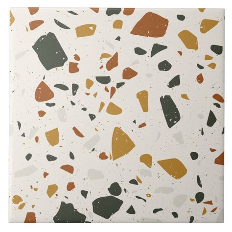 Modern Terrazzo Terracotta Yellow Green Ceramic Tile | Zazzle.com Dino Room, Terrazzo Wallpaper, Modern Terrazzo, Marble Detail, Colored Mirror, Green Square, Family Dining, Paper Coaster, Beautiful Wallpaper