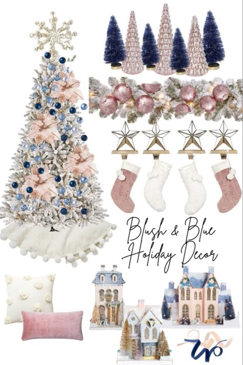 Blush And Blue Christmas Tree, Pink And Blue Christmas Decorations Decorating Ideas, Pink And Navy Christmas Decor, Pink And Blue Tree Christmas, Christmas Tree Blue And Pink, Pink And Blue Christmas Aesthetic, Navy Blue And Pink Christmas Tree, Rose Gold And Blue Christmas Tree, Pink And Blue Christmas Decorations