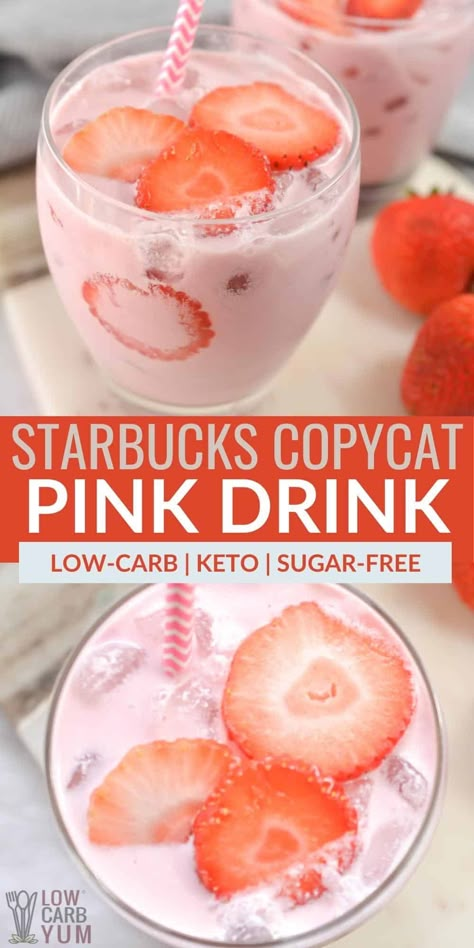 This fruity keto pink drink Starbucks copycat beverage is easy to make. It's a sweet and refreshing drink that tastes just like the original! Keto Pink Drink Starbucks, Keto Pink Drink, Pink Drink Starbucks, Starbucks Pink Drink, Pink Drink Recipes, Drink Starbucks, Sugar Free Drinks, Keto Cocktails, Copycat Starbucks