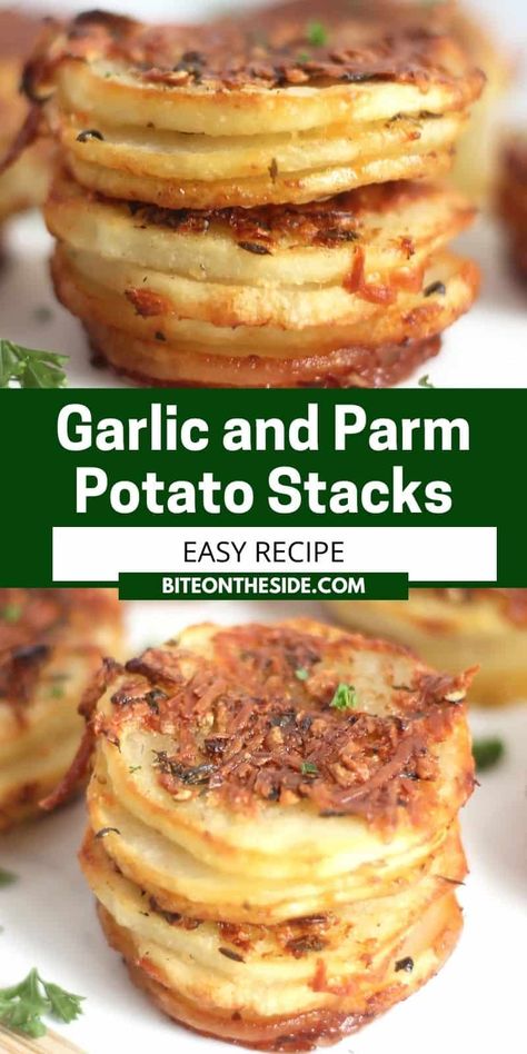 Mix up your potato side dish game with these drop dead delicious garlic parmesan potato stacks. Sliced potatoes are mixed with garlic butter, parmesan and thyme, stacked up in a muffin tin and then roasted to crispy perfection. These beauties are not to be missed! Crispy Sliced Potatoes In The Oven, Potatoes In Muffin Tin Recipe, Potato Stacks Muffin Tins, Muffin Tin Potatoes, Potato Stacks Recipes, Sweet Potato Stacks, Parmesan Potato Stacks, Parmesan Crusted Potatoes, Parmesan Potato