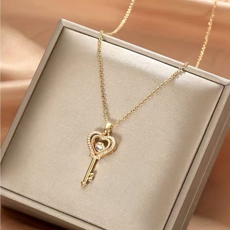 Exquisite Heart Shaped Key Pendant Zirconia Necklace (Avail In Gold & Silver) Perfect Gift Idea Key Locket Necklace, Zirconia Necklace, Heart Locket Necklace, Key Pendant, Locket Necklace, Locket, Womens Jewelry Necklace, Silver Color, Silver Gold