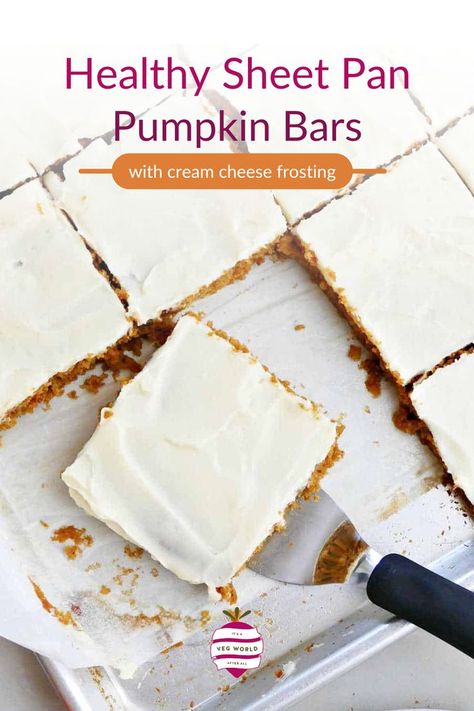 A sheet pan of healthy pumpkin bars topped with cream cheese frosting. Sheet Pan Pumpkin Bars, Healthy Pumpkin Bars, Greek Yogurt Oatmeal, Pumpkin Bars With Cream Cheese, Healthy Sheet Pan, Bars With Cream Cheese Frosting, Bars With Cream Cheese, Pumpkin Sheet Cake, Savory Pumpkin Recipes