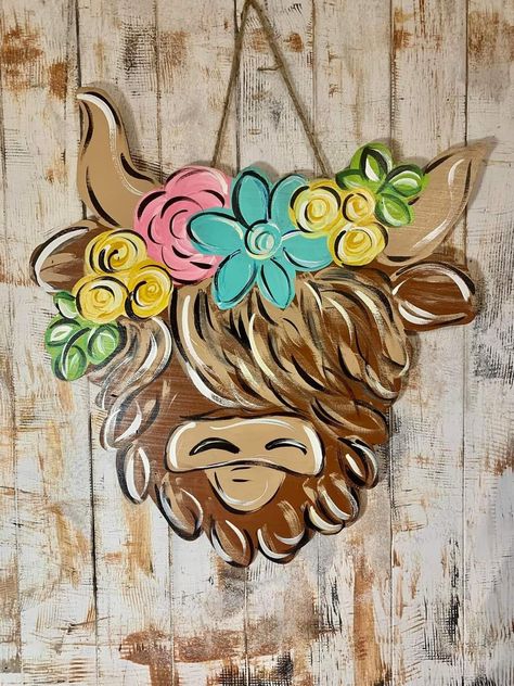 Highlander Cow Door Hanger, Wooden Gnome Door Hanger, Highland Cow Door Sign, Highland Cow Wood Sign, Wooden Door Hangers Summer, Diy Highland Cow, Animal Door Hanger, Highland Cow Door Hanger, Chicken Shoes