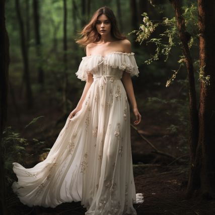 Crafted from lightweight chiffon and lace, this ethereal gown boasts a delicate off-the-shoulder neckline and fluttering sleeves. The dress is adorned with hand-embroidered wildflowers and leaves, creating a whimsical and free-spirited look perfect for a beach or forest wedding. Off Shoulder Fairy Dress, Flowy Embroidered Wedding Dress, Fairy Wedding Dress Green, Forest Core Wedding Dress, Simple Forest Wedding Dress, Off Shoulder Beach Wedding Dress, Forest Wedding Gown, Forest Wedding Dress Bridesmaid, Wedding Gown Cottagecore