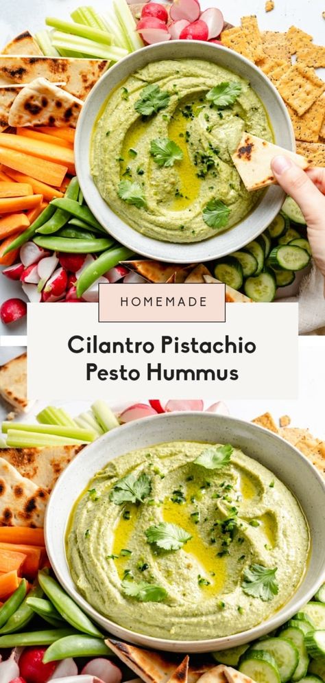 Fresh and flavorful pesto hummus made with homemade cilantro pistachio pesto for the most delicious dip, spread, and even sauce! This easy pesto hummus recipe comes together in under 30 minutes and will be your new favorite appetizer or snack. #hummus #vegan #healthysnack #healthyappetizer #pesto Pistachio Hummus, Hummus Flavors, Vegan Pesto Recipe, Pesto Hummus, Hummus Recipe Homemade, Cilantro Pesto, Pistachio Pesto, Healthy Appetizer Recipes, Ambitious Kitchen