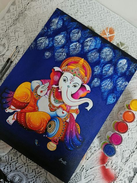 Hindu Paintings Canvases, Canvas Painting Of Ganesha, Ganesh Painting Canvases, Ganesha Painting Simple, Ganesh Art Paintings Beautiful, Ganesh Ji Painting On Canvas, Ganpati Paintings Acrylics, Ganpati Paintings Creative, Ganesha Canvas Painting Acrylics