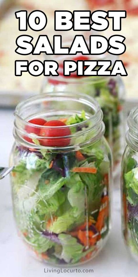 10 Best Salad Recipes to pair with pizza! Good ideas for dinner or a party. #pizza #saladrecipes #salad Salad Recipes With Pizza, Salads For Pizza Party, Salad Pizza Recipes, Best Salad To Serve With Pizza, Salad That Goes With Pizza, Salad To Serve With Pizza, Salads With Pizza, Best Salad With Pizza, Salads That Go With Pizza