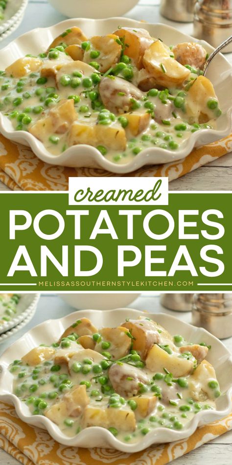 These tender Creamed Potatoes and Peas are a vintage side dish that pairs well with a variety of main courses, adding comfort and flavor to any meal. Creamy Peas And Potatoes, Creamed Peas And New Potatoes, Cream Potatoes And Peas, Peas And Potatoes In Cream Sauce, Cream Peas And Potatoes, Potato And Peas Recipes, Nibbles Potatoes Recipe, Creamed Potatoes And Peas, Creamer Potato Recipes