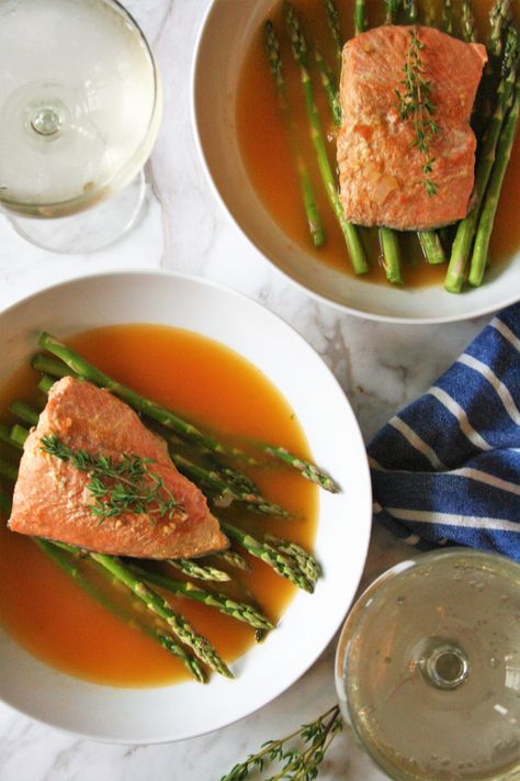 Senior Meals, Poached Fish, Seafood Stock, Light Soups, Poached Salmon, High Protein Vegetarian Recipes, Steamed Asparagus, Tomato Broth, Sauteed Spinach