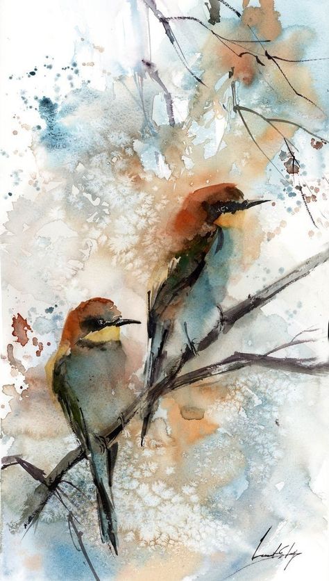 Sophie Rodionov, Birds Couple, Couple Watercolor, Bird Couple, Bird Painting Acrylic, Pair Of Birds, Loose Watercolor Paintings, Bird Watercolor Paintings, Watercolor Birds