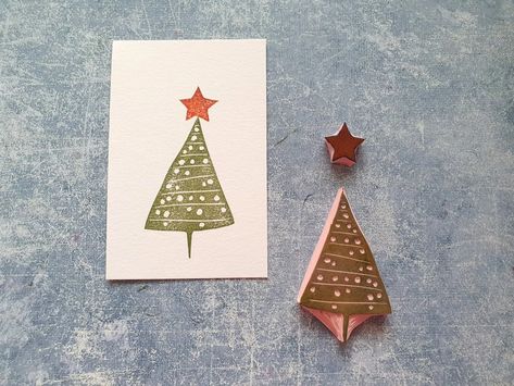 Pine Tree Rubber Stamp for Christmas Card Woodland - Etsy Ireland Block Printing Christmas, Christmas Card Block Print, Block Print Holiday Cards, Diy Christmas Stamps, Holiday Block Print, Linocut Holiday Card, Stamped Christmas Cards Handmade, Block Print Christmas Card, Linocut Christmas Cards