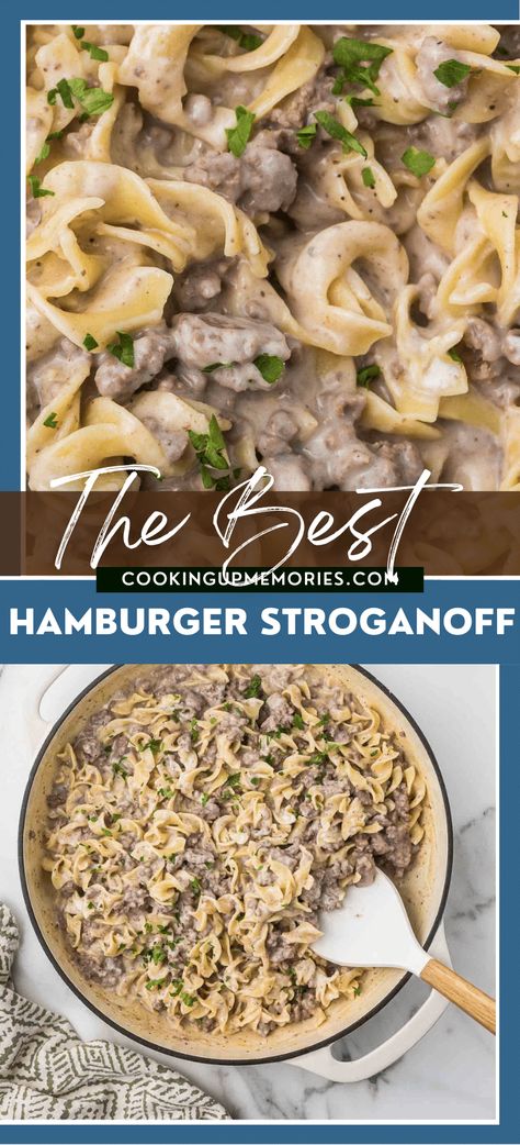 This Ground Beef Stroganoff is budge-friendly, family-friendly and is the definition of comfort food. Ready in just 30 minutes. Ground Beef Stroganoff Without Mushrooms, Homemade Stroganoff, Beef Stroganoff With Ground Beef, Hamburger Helper Beef Stroganoff, Hamburger Stroganoff Recipe, Hamburger Stroganoff, Gf Meals, Beef Stroganoff Easy, Ground Beef Stroganoff