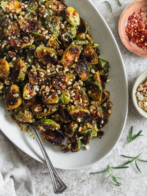 Brussel Sprout Hot Honey, Brussels Sprouts With Hot Honey, Half Baked Harvest Brussel Sprouts, Smash Brussel Sprouts, Honey Garlic Brussel Sprouts, Brussel Sprout Appetizer, Hot Honey Brussel Sprouts, Shredded Brussel Sprout Recipes, Honey Roasted Brussel Sprouts