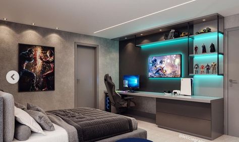 Preteen Boys Bedroom, Older Boys Bedrooms, Boys Bedroom Modern, Modern Boys Bedroom, Modern Kids Room Design, Teenager Bedroom Design, Gaming Bedroom, Gamer Bedroom, Teenager Bedroom Boy