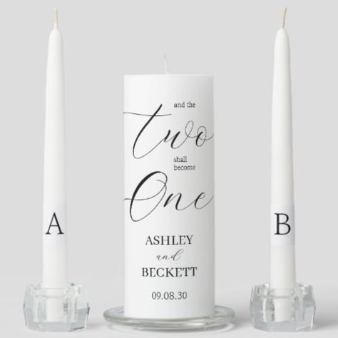 This modern script "Two Shall Become One" unity candle set with the bride and groom's names and initials as well as the wedding date is ideal for the the candle lighting ceremony at your wedding. It has side candles for the mothers/parents to light and a central candle for the bride and groom to light. It's beautiful, simple design it's perfect for any wedding. Using these candles at your ceremony will provide that extra special moment for all present. And, they make a lovely keepsake. Diy Unity Candle Wedding, Candle Light Wedding, Typography Elegant, Candle Lighting Ceremony, Typography Minimalist, Candle Modern, Chic Candles, Candle Obsession, Minimalist Candles