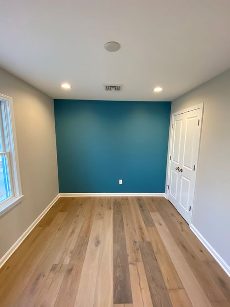 Wall Color And Flooring, Blue Walls With Accent Wall, Blue Room Accent Wall, Blue Green Walls Bedroom, Different Colored Walls In One Room, Accent Wall Bedroom Blue Grey, Bedrooms With Dark Blue Accent Wall, Office Blue Accent Wall, Manitou Blue Sherwin Williams