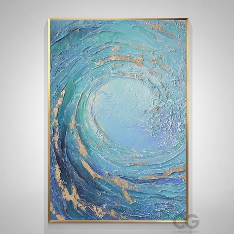 Wave Oil Painting, Ocean Wave Painting, Ocean Wave Wall Art, Spiritual Wall Decor, Ocean Waves Painting, Gold Abstract Painting, Canvas For Beginners, Green Beach, Stretched Painting