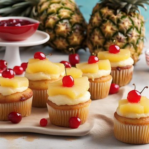 Delicious Pineapple Upside Down Cupcakes: A Tropical Treat for Your Sweet Tooth Brunch Box Ideas, Grad Cupcakes, Hawaiian Graduation, Cheesecake Aesthetic, Summer Cupcake, Recipes For Cupcakes, Luau Cupcakes, Upside Down Cupcakes, Muffin Cups Recipes