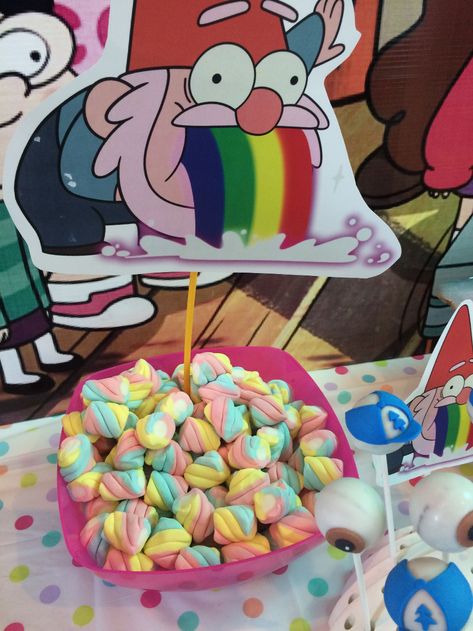 Gravity Falls Birthday Party Ideas, Gravity Falls Birthday, Gravity Falls Party, Rainbow Gnome, Birthday Party Rainbow, Birthday Party Ideas Decoration, Party Ideas Decoration, Gravity Falls Funny, Fall Birthday Parties