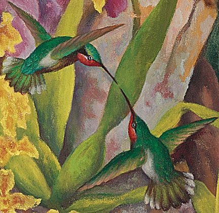 Detail of hummingbirds from Diego Rivera's remarkable 1947 oil painting, Portrait of Linda Christian Linda Christian, Diego Rivera Art, Painting Corner, Mexican Paintings, Frida And Diego, Latino Art, Frida Kahlo Art, Jackdaw, Diego Rivera