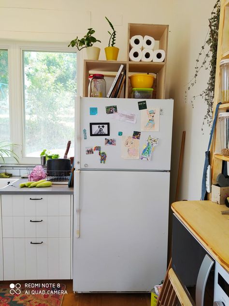 Above Fridge Storage Apartment, Storage For On Top Of Fridge, Above Refrigerator Storage Baskets, Storage For Top Of Refrigerator, Storage Above The Fridge, Storage Ideas For Top Of Refrigerator, Fridge Storage Ideas Space Saving, Diy Top Of Fridge Storage, Top Fridge Storage