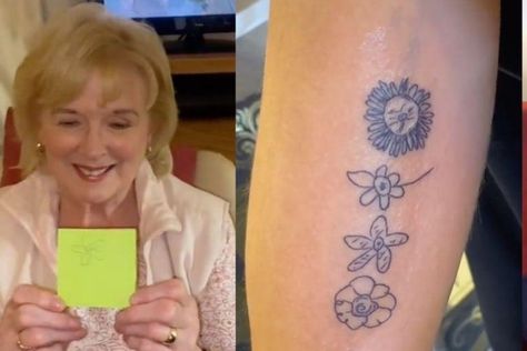 Flower Grandparents Tattoo, Grandparents Draw Flower Tattoo, Grandparents Draw Tattoo, Grandparents Flower Tattoo, Grandparent Flower Tattoo, Family Drawing Tattoo, Kids Drawing Tattoo, Grandparents Tattoo Ideas, Family Flower Tattoo