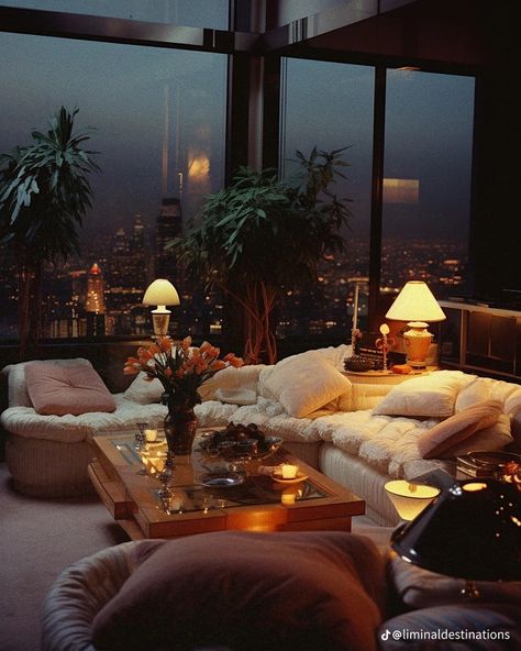 Dark Luxurious Living Room, 90s Aesthetic Interior Design, 80s Architecture Interiors, Vintage Luxury Apartment, Night Time Living Room, 80s Home Decor Interior Design, 80’s Interior Design, 80s Condo, 90s Penthouse