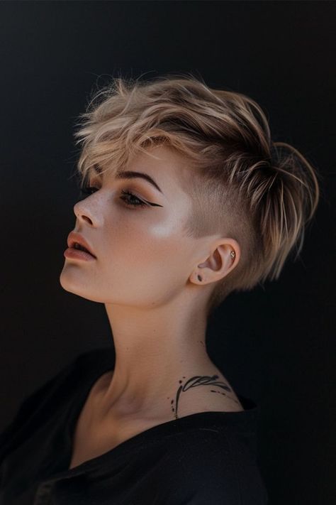 Short Viking Haircuts For Women, Side Shaved Hairstyles Short, Half Shaved Hair Short, Hairstyle Mohawk, Faux Hawk Women, Short Hair Shaved Sides, Pixie Cut Shaved Sides, Best Haircuts For Men, Pixie Undercut