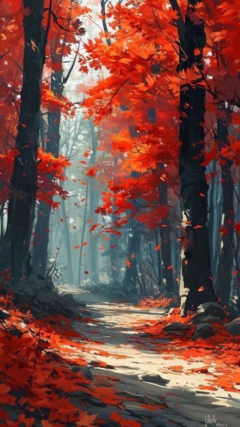 Anime Woman, Acrylic Painting Techniques, Cool Wallpapers Art, Autumn Painting, Fantasy Art Landscapes, Landscape Illustration, Pastel Art, Autumn Art, Beautiful Nature Pictures