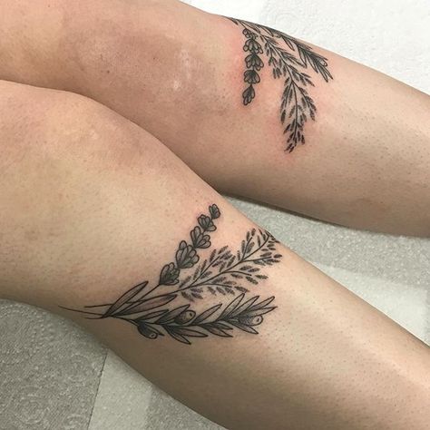 Over The Knee Tattoo, Knee Tattoo Ideas, The Knee Tattoo, Knee Tattoos, Pin Up Girl Tattoo, Falmouth Cornwall, Framed Tattoo, Lavender Tattoo, Scar Tattoo