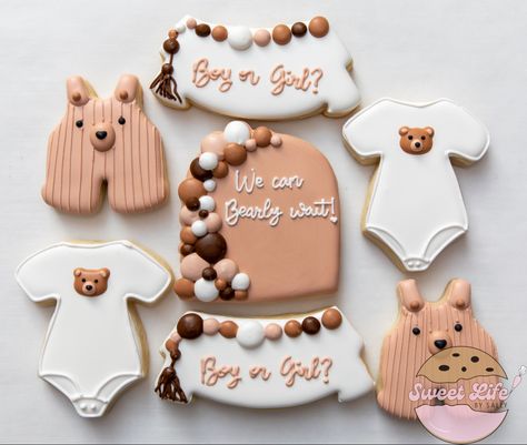 Gender Reveal Bear Sugar Cookies Gender Reveal Ideas We Can Bearly Wait, Bear Gender Reveal Food, Beary Excited Gender Reveal, Neutral Bear Gender Reveal, Bear Gender Reveal Cookies, Gender Reveal Ideas For Party Bear Theme, Bear Theme Gender Reveal Party, Gender Reveal Ideas Bear Theme, Bear Theme Cookies