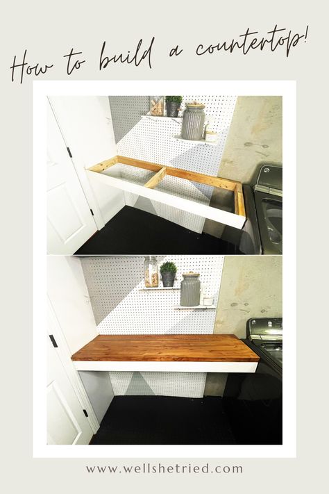 How to Build a Floating Countertop! Step by step guide on how to DIY a floating countertop with materials list. #diy #countertop Wall Mounted Countertop, Diy Floating Counter, Diy Built In Countertop, Floating Kitchen Countertop, Diy Floating Countertop, Floating Kitchen Counter, Floating Countertop Laundry, Floating Countertop Kitchen, Diy Floating Bar