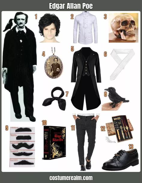 How To Dress Like Edgar Allan Poe Costume Guide For Cosplay & Halloween Edgar Allen Poe Outfit, Edgar Allen Poe And Raven Costume, Edgar Allen Poe Inspired Outfit, Edgar Allan Poe Costume, Edgar Allen Poe Outfit Women, Edgar Allen Poe Costume Female, Edgar Allen Poe Aesthetic Outfits, Edgar Allen Poe Costume, Edgar Allan Poe Halloween