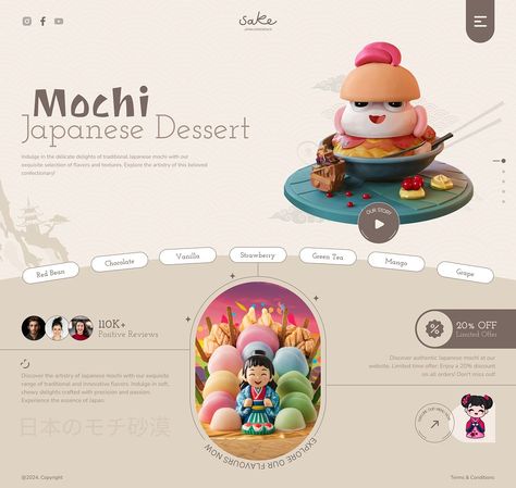 Mochi Japanese Dessert: Landing page/website UIUX by Master Creationz -Global UI UX Design Studio on Dribbble Dessert Website Design, Mochi Design, Mochi Japanese, Japanese Website, Mango Chocolate, Brain Energy, Ui Website, Landing Page Website, Big Brain