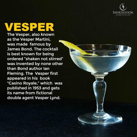 | Vesper | The Vesper, also known as the Vesper Martini, was made famous by James Bond. The cocktail is best known for being ordered “shaken not stirred” was invented by none other than Bond author Ian Fleming. The Vesper first appeared in his book “Casino Royale,” which was published in 1953 and gets its name from fictional double agent Vesper Lynd.  _________ Visit our website for cocktail recipes:  🌐 website: http://shikshook.com/ 🛍 Visit our store: https://amzn.to/2Itogda Shaken Not Stirred James Bond, Cocktail Cupboard, Vesper Lynd, James Bond Theme Party, Vesper Martini, James Bond Theme, Frozen Drink, Shaken Not Stirred, Driveway Lighting