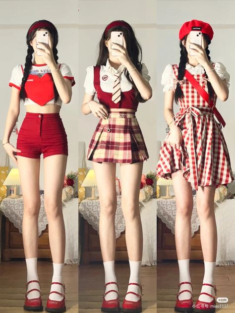 Cute Red Outfits, Red Black Outfit, Color Combos Outfit, Harajuku Fashion Street, Fasion Outfits, Kawaii Fashion Outfits, Kawaii Dress, Korean Fashion Dress, Casual Day Outfits