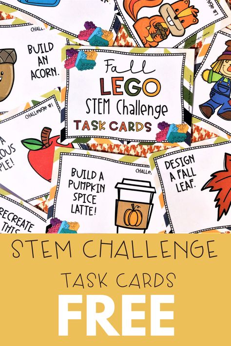 Fall-themed STEM bin task cards free! Perfect to print and use for autumn in the classroom. Students use legos or other building blocks to complete the stem challenge task cards Stem Task Cards Free, Stem Task Cards, Stem Challenges Elementary, Middle School Math Worksheets, Stem Bins, Task Cards Free, Classroom Engagement, Classroom Organization Elementary, Stem Elementary