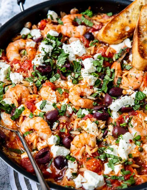 Perfect one pan dinner filled with orzo, shrimp, tomatoes, olives and capers, all topped off with fresh basil and feta cheese. Ready in about 30 minutes! Mediterranean Skillet, Sheet Pan Mediterranean, Mediterranean Diet Recipe, Garden In The Kitchen, Mediterranean Shrimp, Mediterranean Recipes Healthy, Taste Of Home Recipes, Mediterranean Diet Recipes Dinners, Today Is Monday